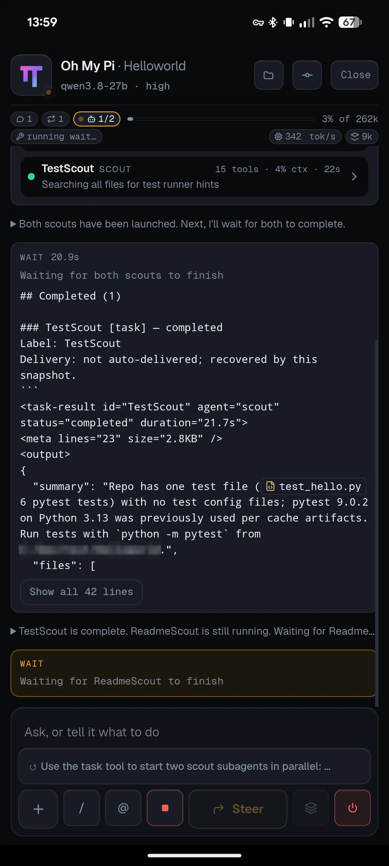 Oh My Pi in the hub’s chat view on a phone: a local Qwen model at 342 tokens per second runs two scout subagents in parallel and waits for them to finish