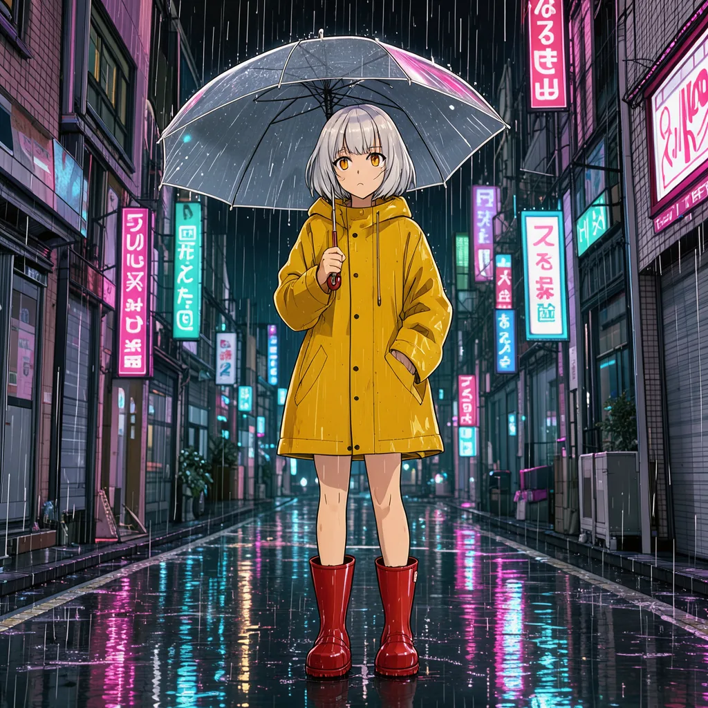 Anime girl in a yellow raincoat on a neon-lit street at night