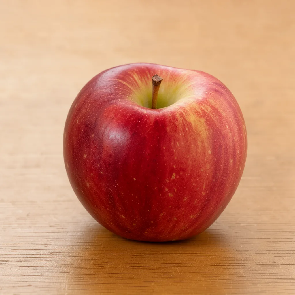 A red apple on a wooden table