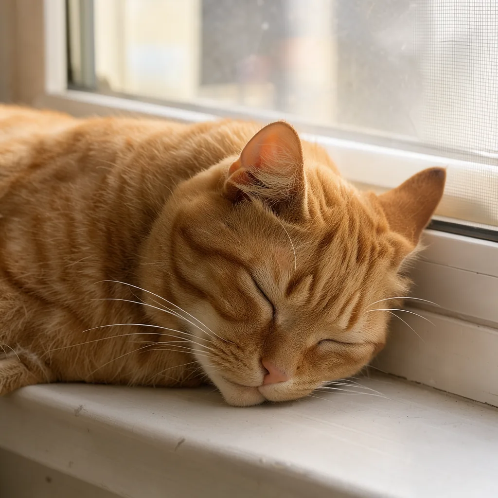A ginger cat asleep on a sunlit windowsill