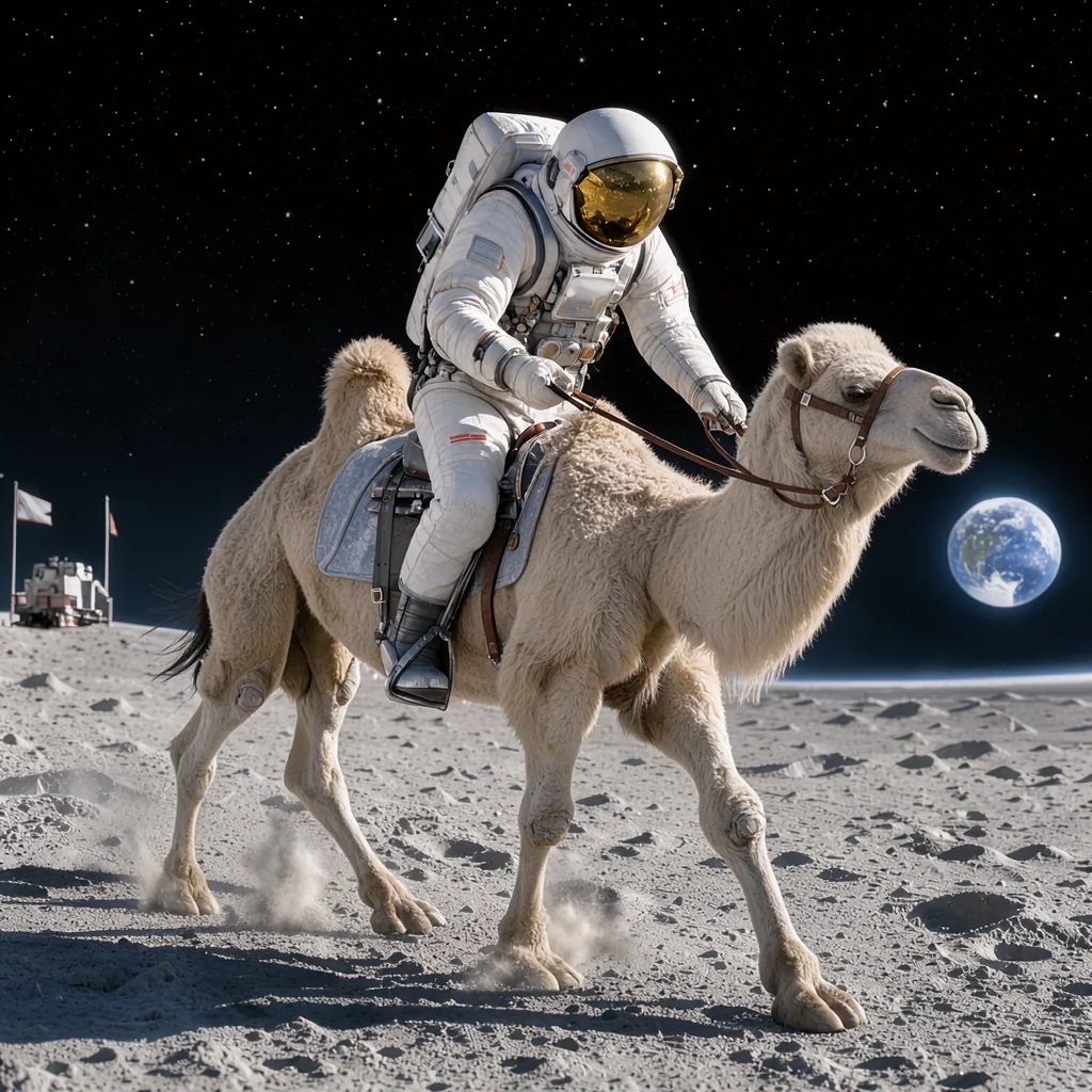 An astronaut riding a camel on the moon