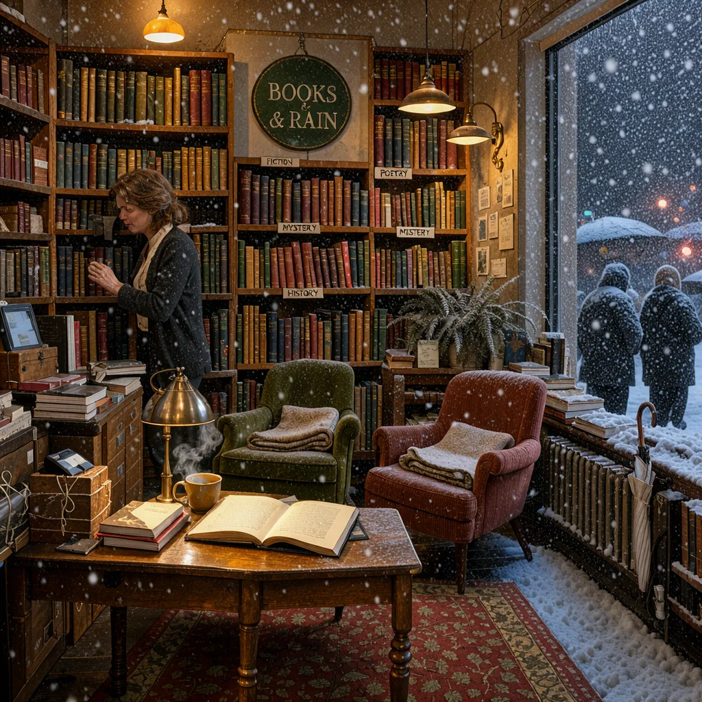 A bookshop with snow falling outside the window