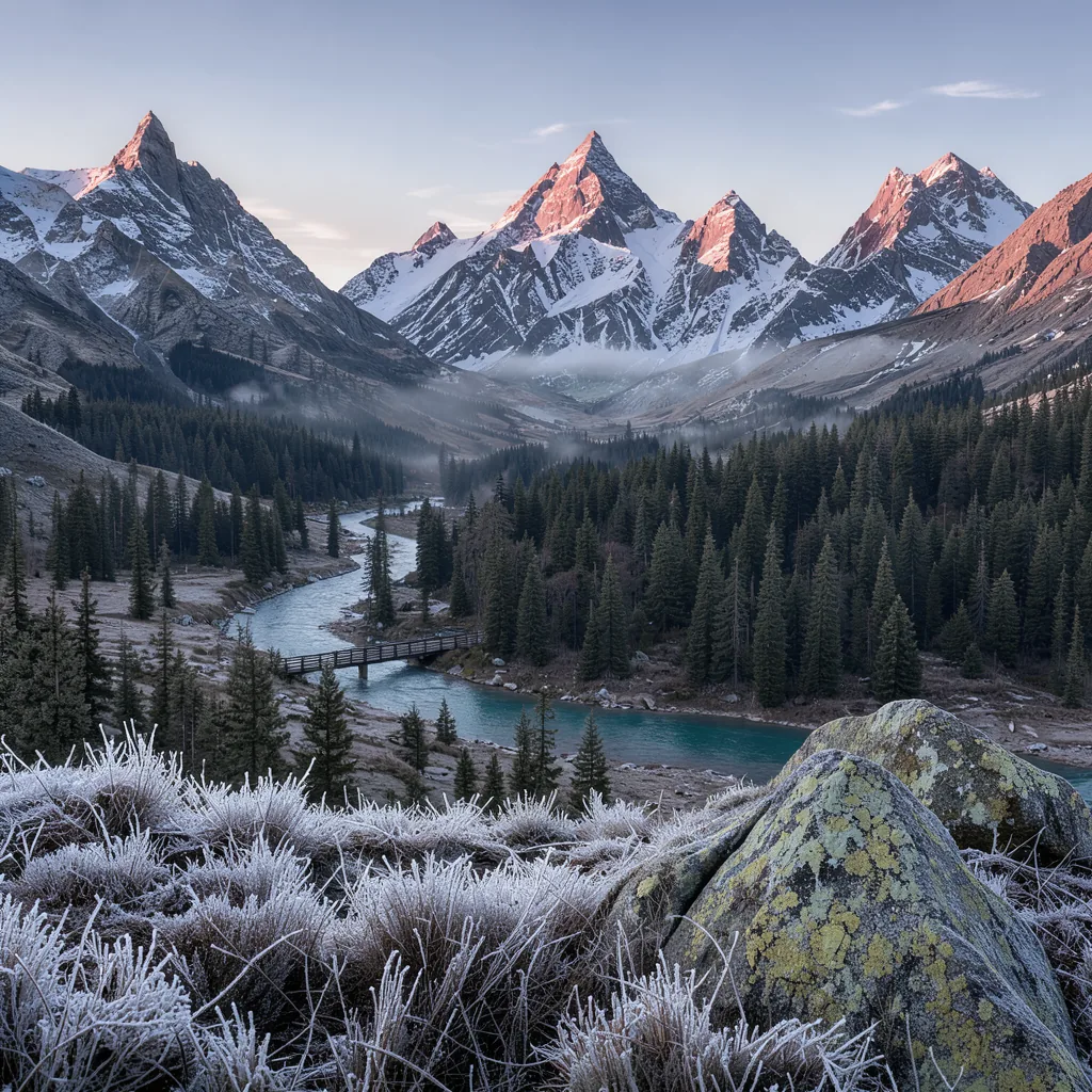An alpine valley at dawn with a river and snowy peaks