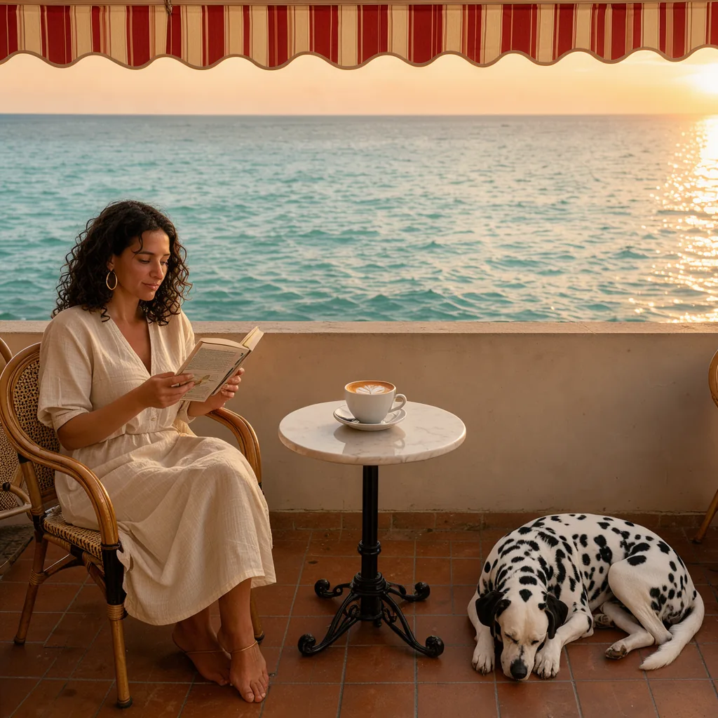 A woman reading at a seaside café terrace with a sleeping dalmatian