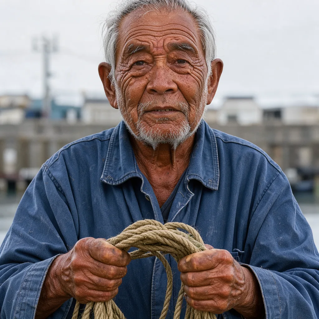 Close-up portrait of an elderly fisherman holding a rope