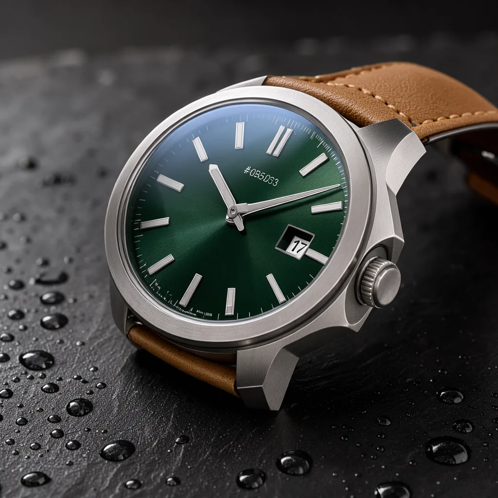 A wristwatch with a green dial on wet slate