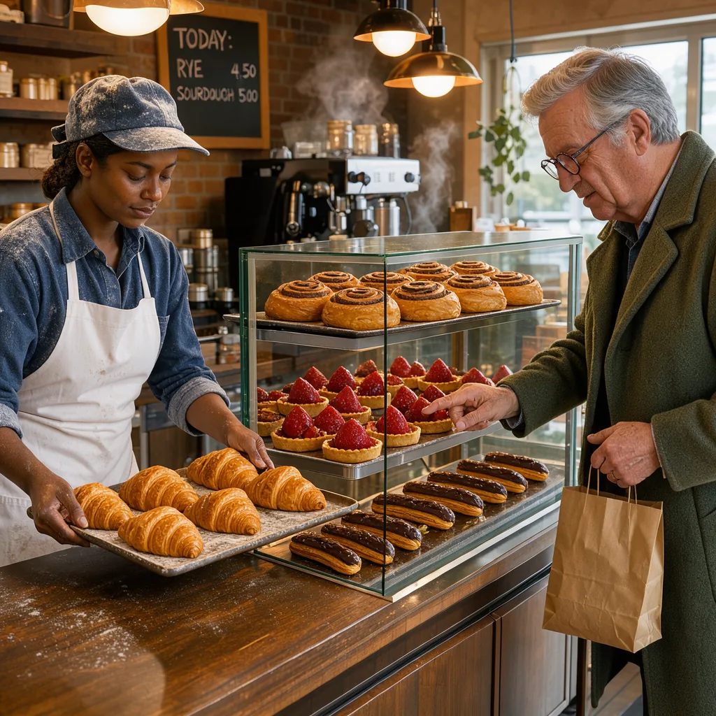 A bakery counter with a baker, pastries and a customer