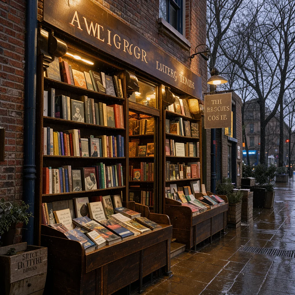 A bookshop on a rainy evening