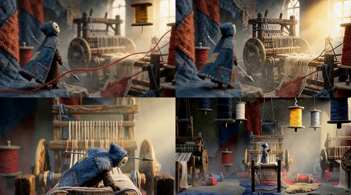 Four frames from the intro: Purl on a quilted ledge before a loom, a golden spool lowering, Purl crouching on the loom, a wide shot of the hall