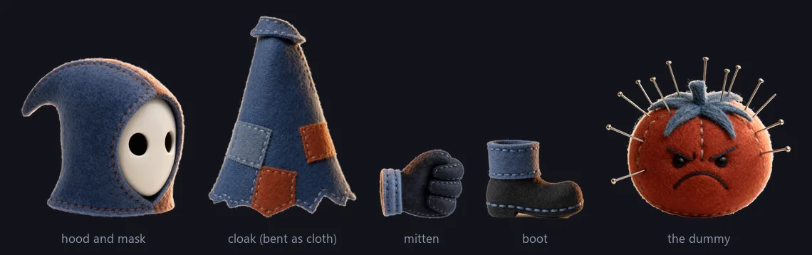The puppet’s rendered parts on a dark background: a felt hood with a porcelain mask, a patched indigo cloak, a mitten, a boot, and the grumpy pincushion dummy